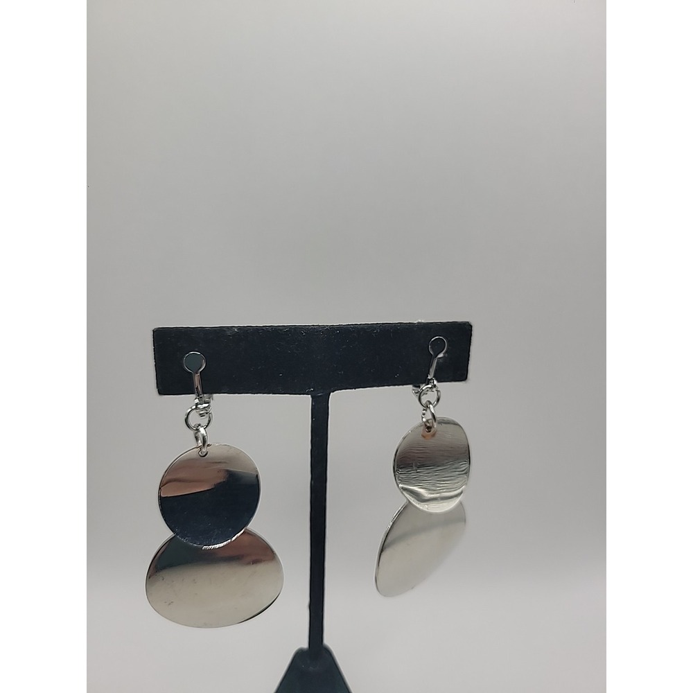 Vintage Silver Tone Double Disc Dangle Clip On Earrings Modern Minimalist